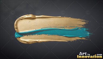 Stretching horizontally, a thick metallic gold paint stroke holds a bright teal stripe on gray