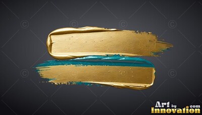 Two thick wet gold brushstrokes over teal on a charcoal background
