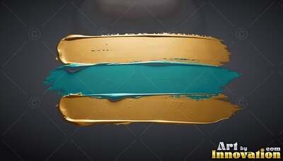 Thick teal paint swept between two gold brushstrokes rests on a dark gray surface