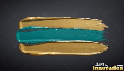 A thick paint smear stretches across dark gray with glossy teal between two gold bands