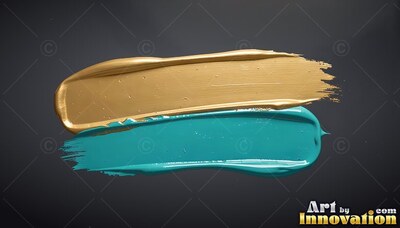 Stretched horizontally across dark gray, teal and glossy gold paint smears