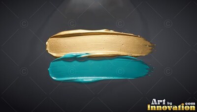 Thick strokes of metallic teal paint mixed with yellow-gold paint swipe along a dark gray backdrop