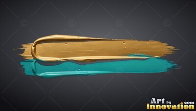 On a dark gray background, thick teal paint mixed with metallic gold paint spreads horizontally