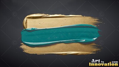 Layered across a dark backdrop, teal paint rests over a dense gold brushstroke