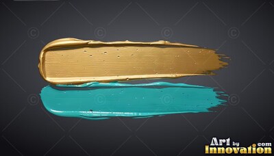 Thick strokes of gold and teal paint on dark gray
