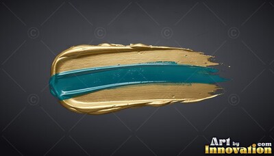 A thick wet gold paint stroke sweeps across dark gray with a streak of teal paint in the center
