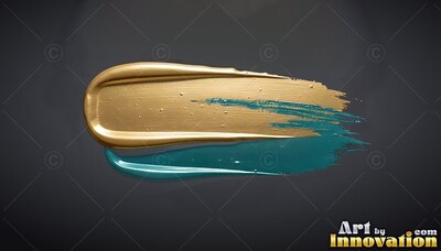 Swept horizontally across a shadowed background, thick teal and metallic gold paint