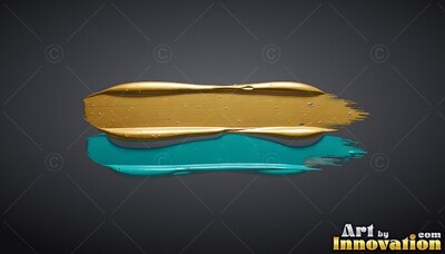 Two thick horizontal streaks of paint in gold and teal sit on a gray background