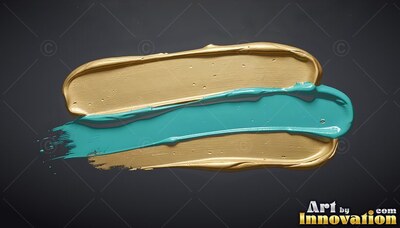 On a black background, a heavy gold paint smear holds a teal streak