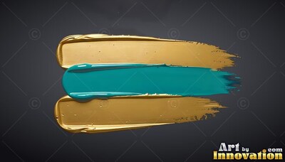 Brushing across dark gray, a teal paint stroke rests between two thick gold strokes