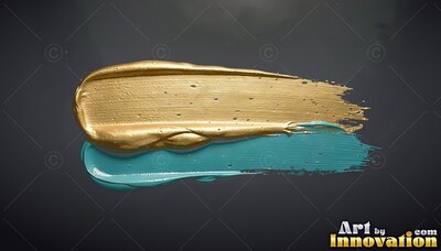 Thick glossy gold paint smeared over teal paint on black