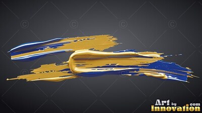 Thick ridges of glossy gold and blue paint brush across a deep gray backdrop
