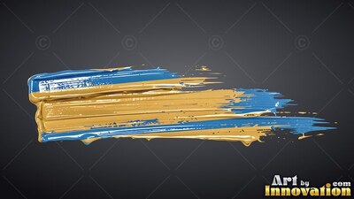 A thick paint stroke sweeps horizontally, blending glossy gold and blue on a black background