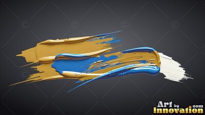 Sweeping horizontally across dark gray space, thick blue and metallic gold paint strokes overlap