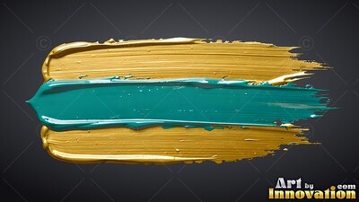 A thick stroke of teal paint sits layered between two bands of glossy wet gold paint