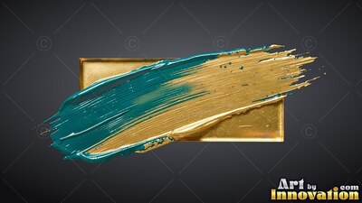 On a black background, teal and gold brushstrokes cover a metal plate