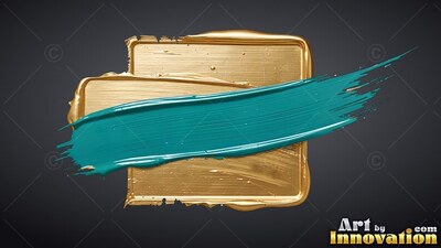 Sweeping across a gold rectangular swatch, a teal paint stroke covers a dark background