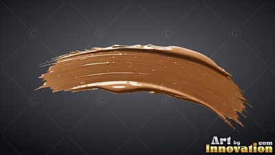 A thick swipe of glossy caramel brown paint curves across a deep gray background
