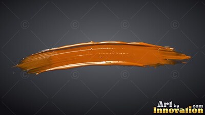 On a deep gray background, a single curved brushstroke of wet orange paint sweeps across