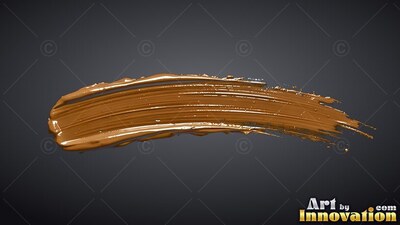 Curving across a dark gray backdrop, a thick smear of glossy brown-wet gold paint sweeps right