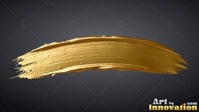On a dark gray backdrop, a curved swipe of thick metallic gold paint stretches across