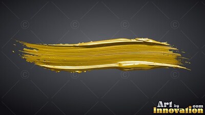 Stretched horizontally across a deep gray background, thick wet gold paint forms a stroke