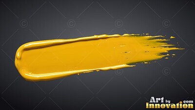 On a plain dark gray background, a thick smear of glossy yellow paint streaks across