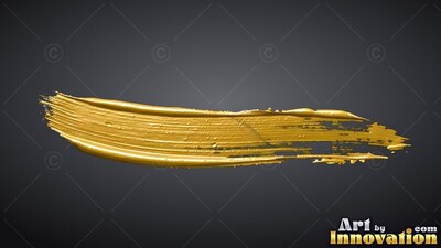 A thick gold brushstroke sweeps across a dark gray backdrop with bright highlights