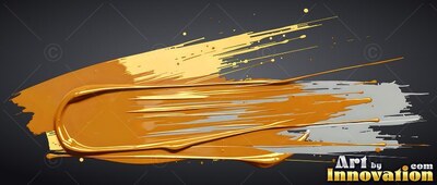 Angled across a dark background, thick yellow-gold paint smears over silver brushstrokes