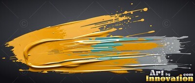 A thick yellow paint swipe with teal and gray streaks across dark gray