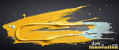 Against a dark gray background, a thick sweep of glossy yellow paint smears across