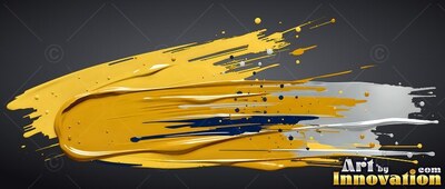 Sweeping across dark space, thick yellow paint trails silver splashes and droplets