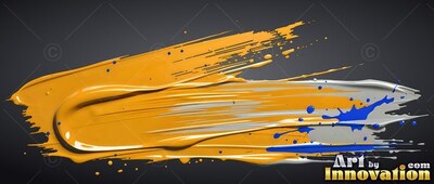 Thick yellow paint streak with silver and blue splatters on black