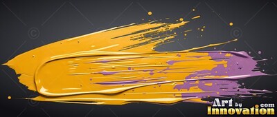 A thick swipe of yellow and purple paint with wet ridges over a dark background