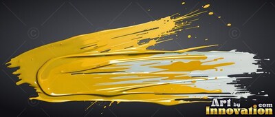 A thick streak of yellow paint smears across white, shining with bright reflections on black