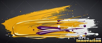 Sweeping diagonally across dark space, yellow and purple paint splatters