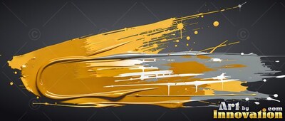 Thick yellow and silver paint sweeps across a shadowed background with small splatters