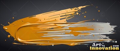 On a dark gray backdrop, a thick sweep of yellow-wet gold paint streaks across