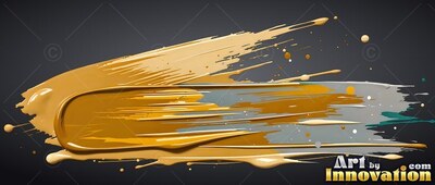 Sweeping across dark gray, a thick smear of glossy gold and silver paint splatters outward