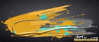 Thick yellow paint swipe with teal splatters on dark gray