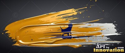 Curled thick at one edge, glossy yellow-gold paint sweeps across a dark gray background
