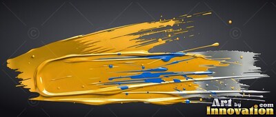Thick yellow paint smears horizontally across dark gray, splashed with blue and white streaks