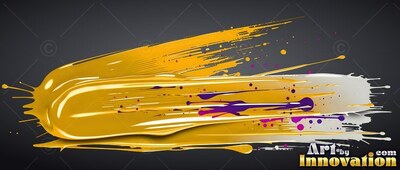 Swept horizontally over dark gray background, a thick yellow paint stroke splatters