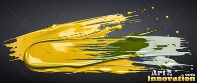 A wide smear of glossy yellow and green paint along a dark gray surface