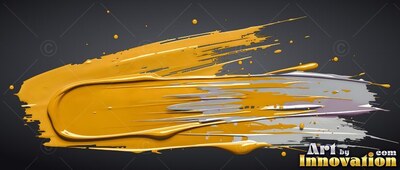 On a dark gray backdrop, thick yellow paint sweeps over streaks of silver