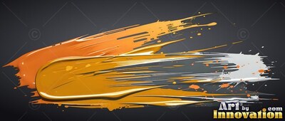 Sweeping across a deep gray background, thick yellow and orange paint splatters to the side