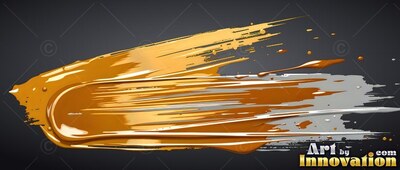 A thick sweep of glossy yellow-metallic gold paint streaks over a dark gray backdrop