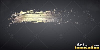 A gold paint brushstroke sweeps across a deep gray background, gleaming with pale yellow light