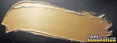 Sweeping across a black background, a thick smear of glossy gold paint has raised edges