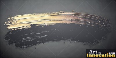 Ridged and thick brush marks curve across a metallic yellow-gold paint smear on black background
